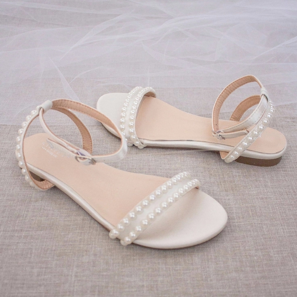 Kailee P. Satin Flat Sandal with Pearls and Ankle Strap